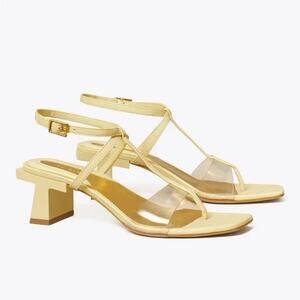 Tory Burch Block T Heel Strappy Sandal Butter Yellow Leather Lucite Clear 10